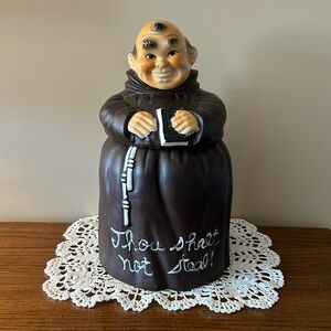 Vintage Friar Monk Cookie Jar 'Thou Shalt Not Steal' Japan holding book